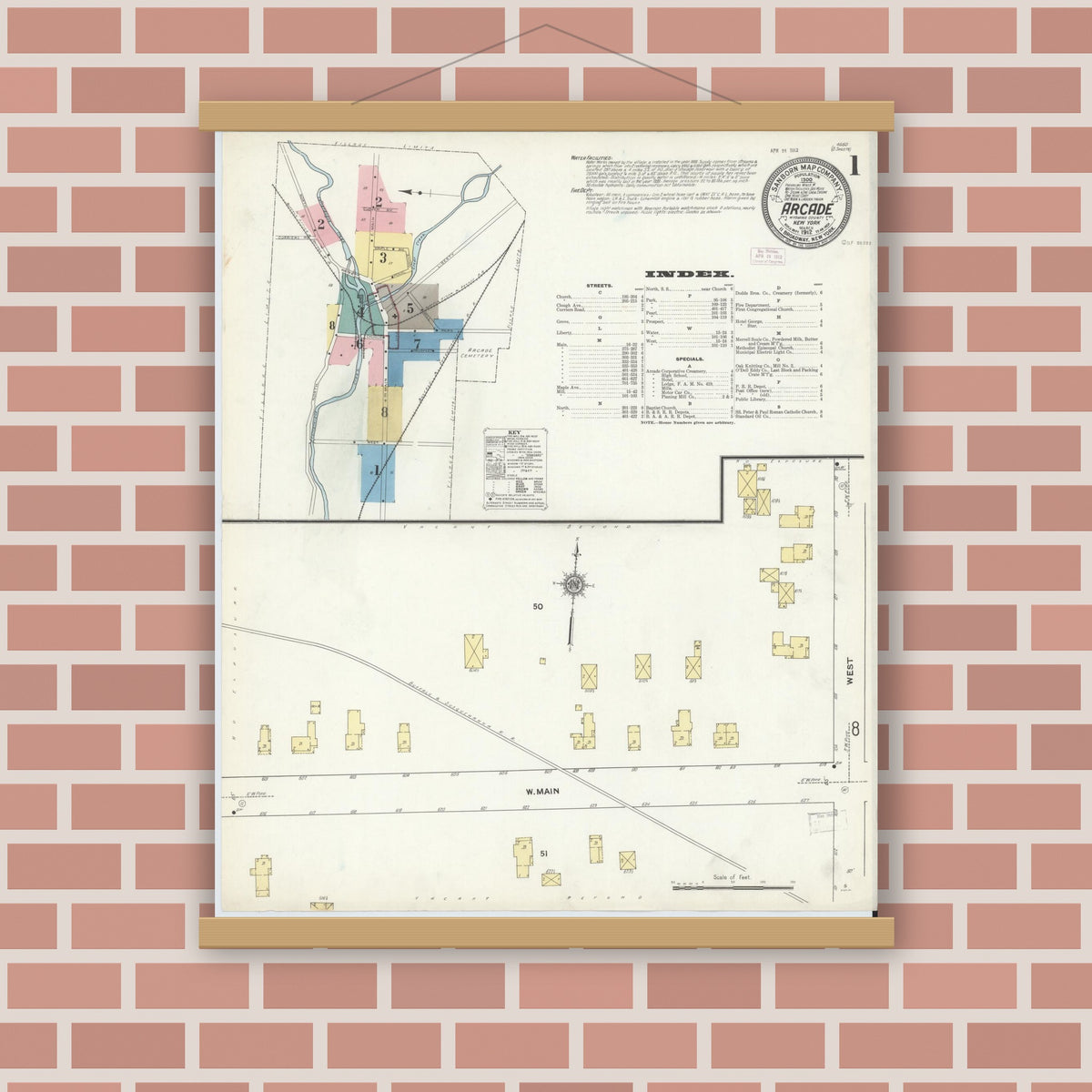 Old map wall art mockup — magnetic wood frame on brick wall — Sanborn Fire Insurance Map from Arcade, Wyoming County, New York (1912) - Complete Map Set
