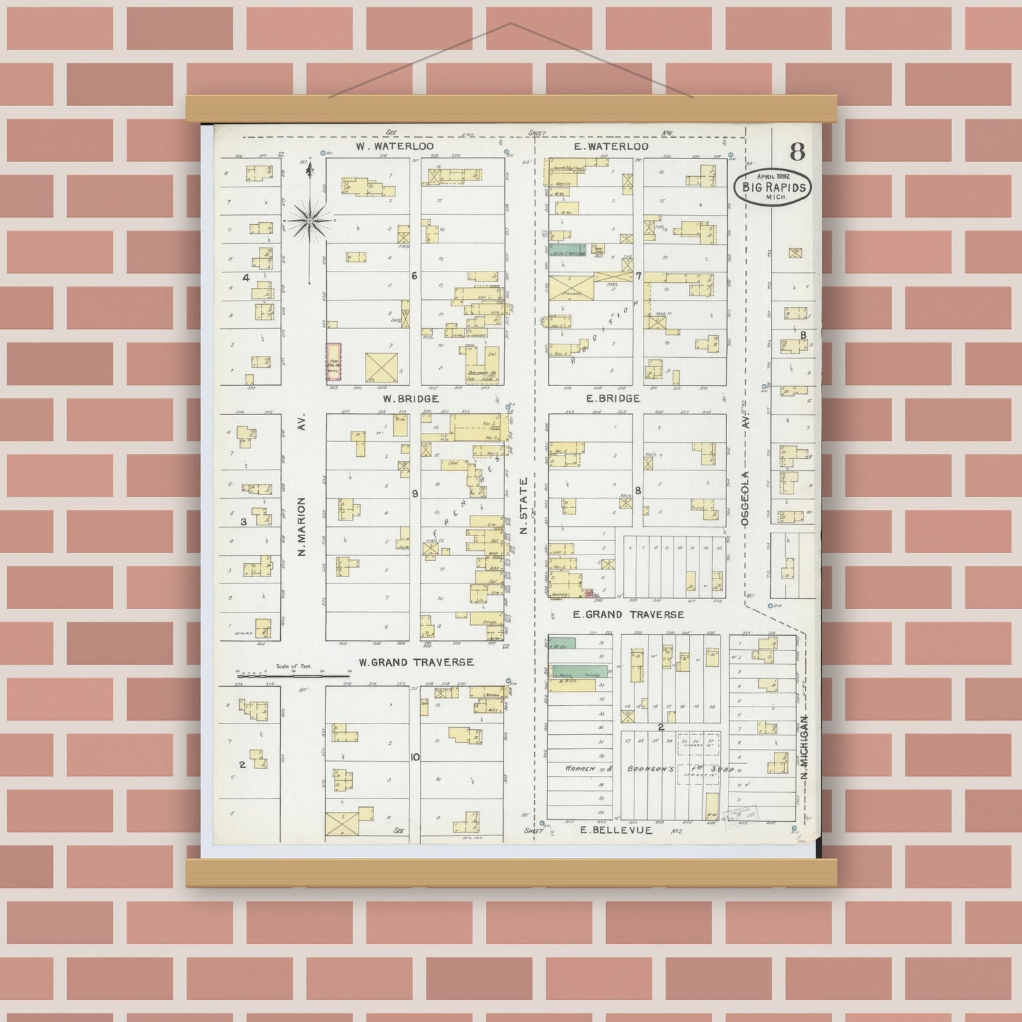 Old map wall art mockup — magnetic wood frame on brick wall — Sanborn Fire Insurance Map from Big Rapids, Mecosta County, Michigan (1892), Sheet #0008