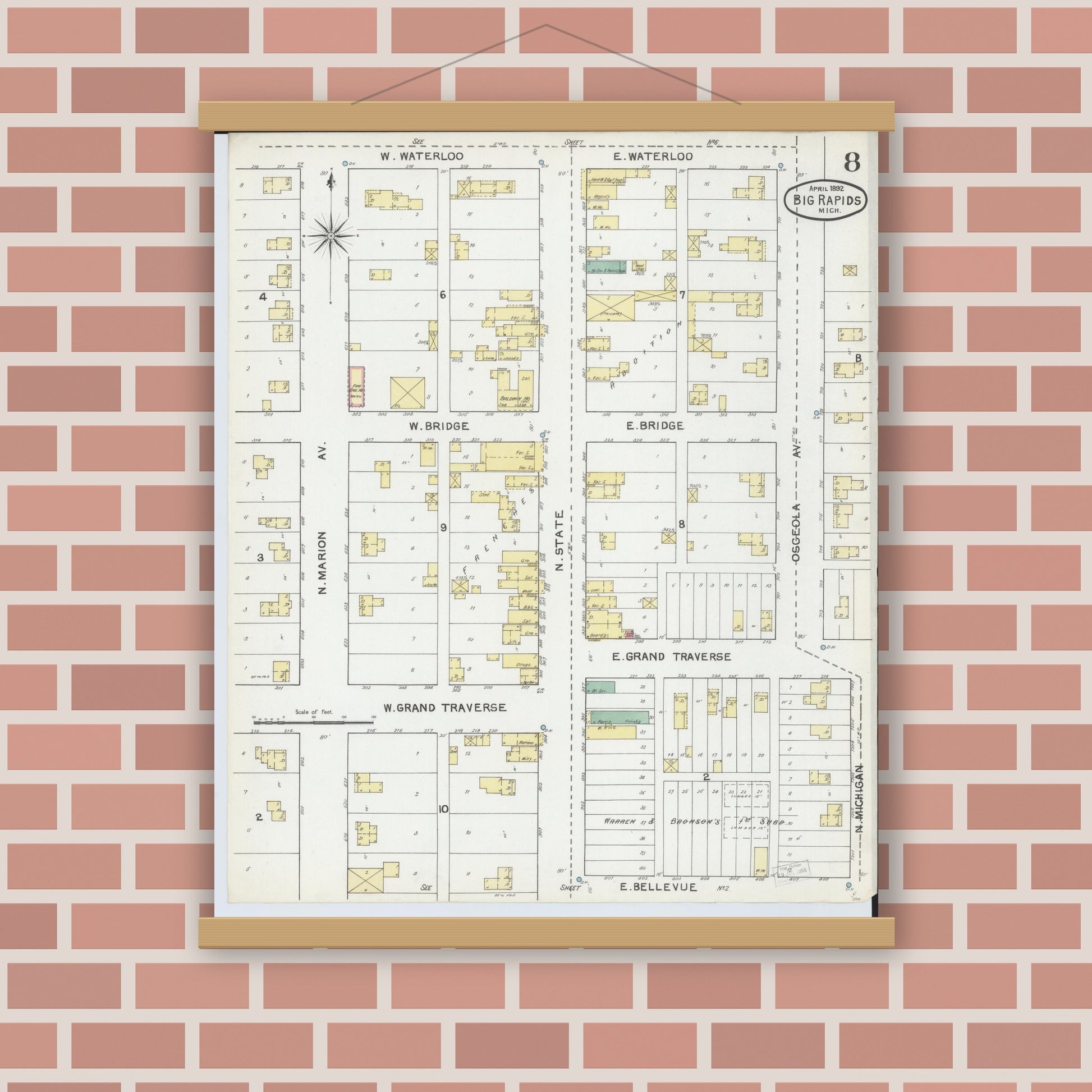 Old map wall art mockup — magnetic wood frame on brick wall — Sanborn Fire Insurance Map from Big Rapids, Mecosta County, Michigan (1892), Sheet #0008