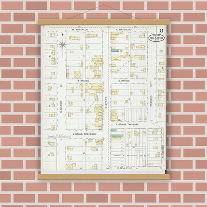 Old map wall art mockup — magnetic wood frame on brick wall — Sanborn Fire Insurance Map from Big Rapids, Mecosta County, Michigan (1892), Sheet #0008