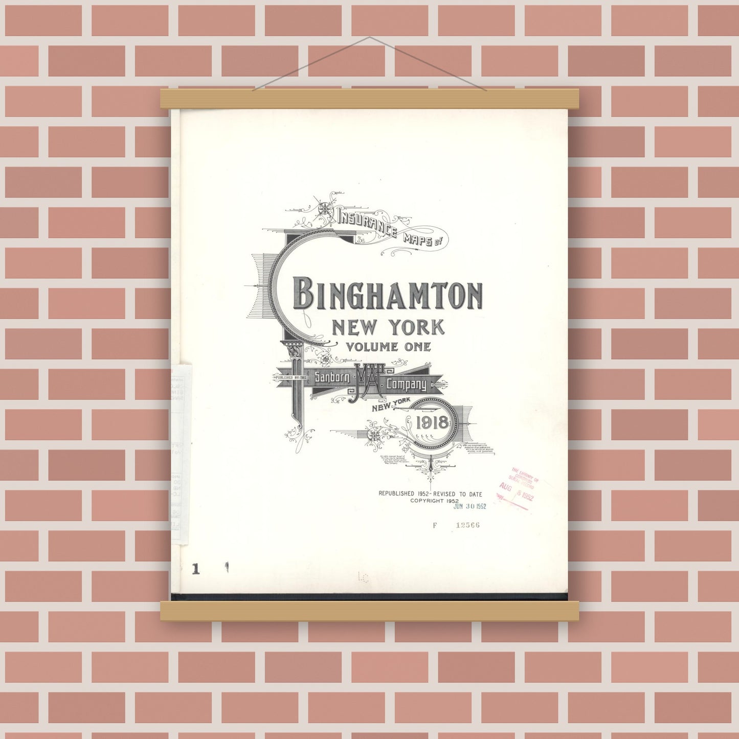 Old map wall art mockup — magnetic wood frame on brick wall — Sanborn Fire Insurance Map from Binghamton, Broome County, New York (1952), Sheet #0001