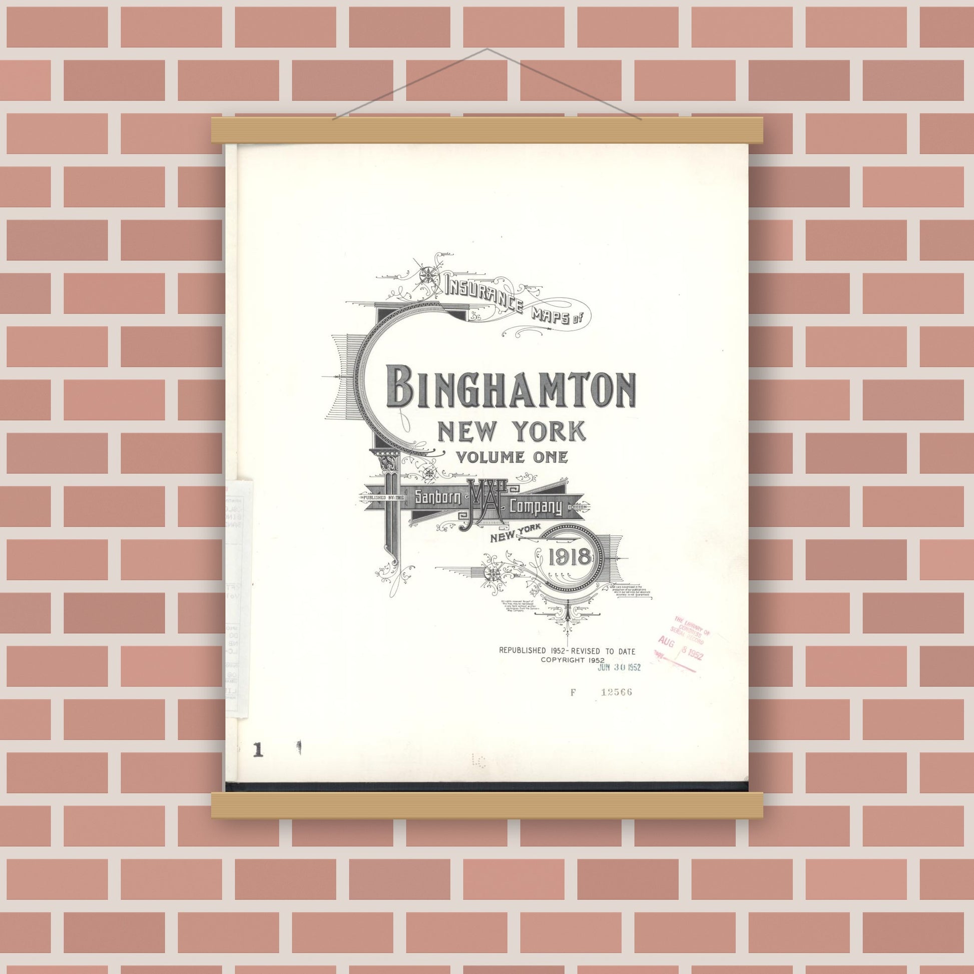 Old map wall art mockup — magnetic wood frame on brick wall — Sanborn Fire Insurance Map from Binghamton, Broome County, New York (1952), Sheet #0001