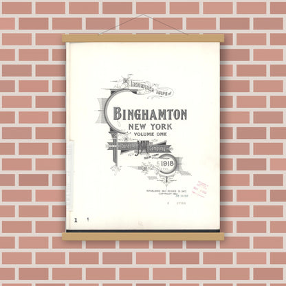 Old map wall art mockup — magnetic wood frame on brick wall — Sanborn Fire Insurance Map from Binghamton, Broome County, New York (1952), Sheet #0001