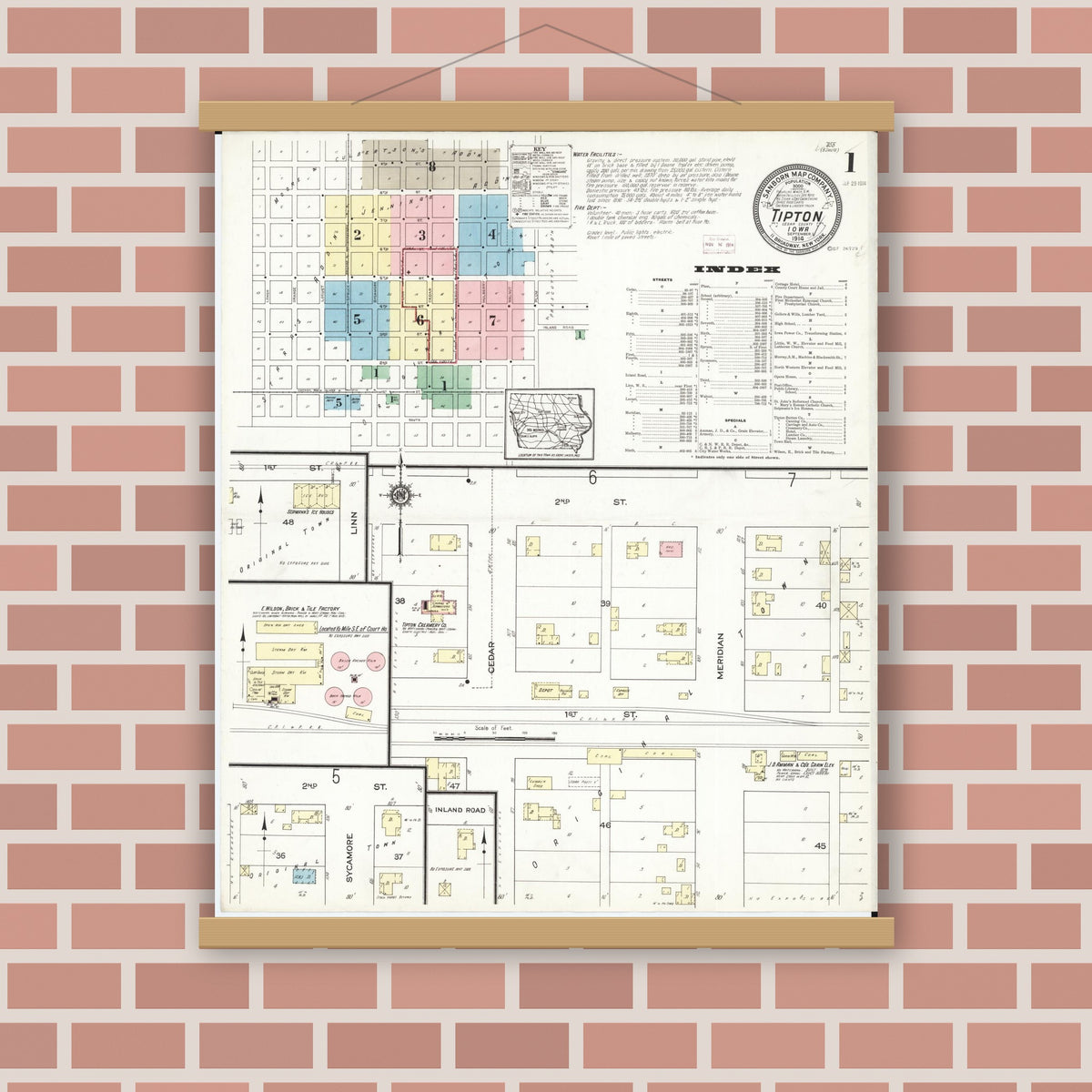Old map wall art mockup — magnetic wood frame on brick wall — Sanborn Fire Insurance Map from Tipton, Cedar County, Iowa (1914) â€” Complete Set