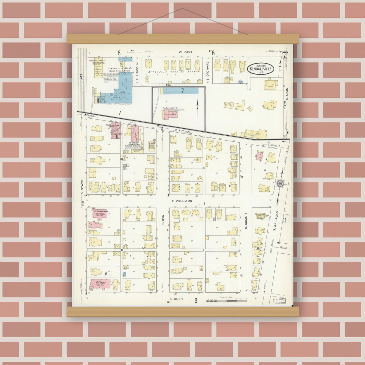 Old map wall art mockup — magnetic wood frame on brick wall — Sanborn Fire Insurance Map from Kendallville, Noble County, Indiana (1914), Sheet #0007