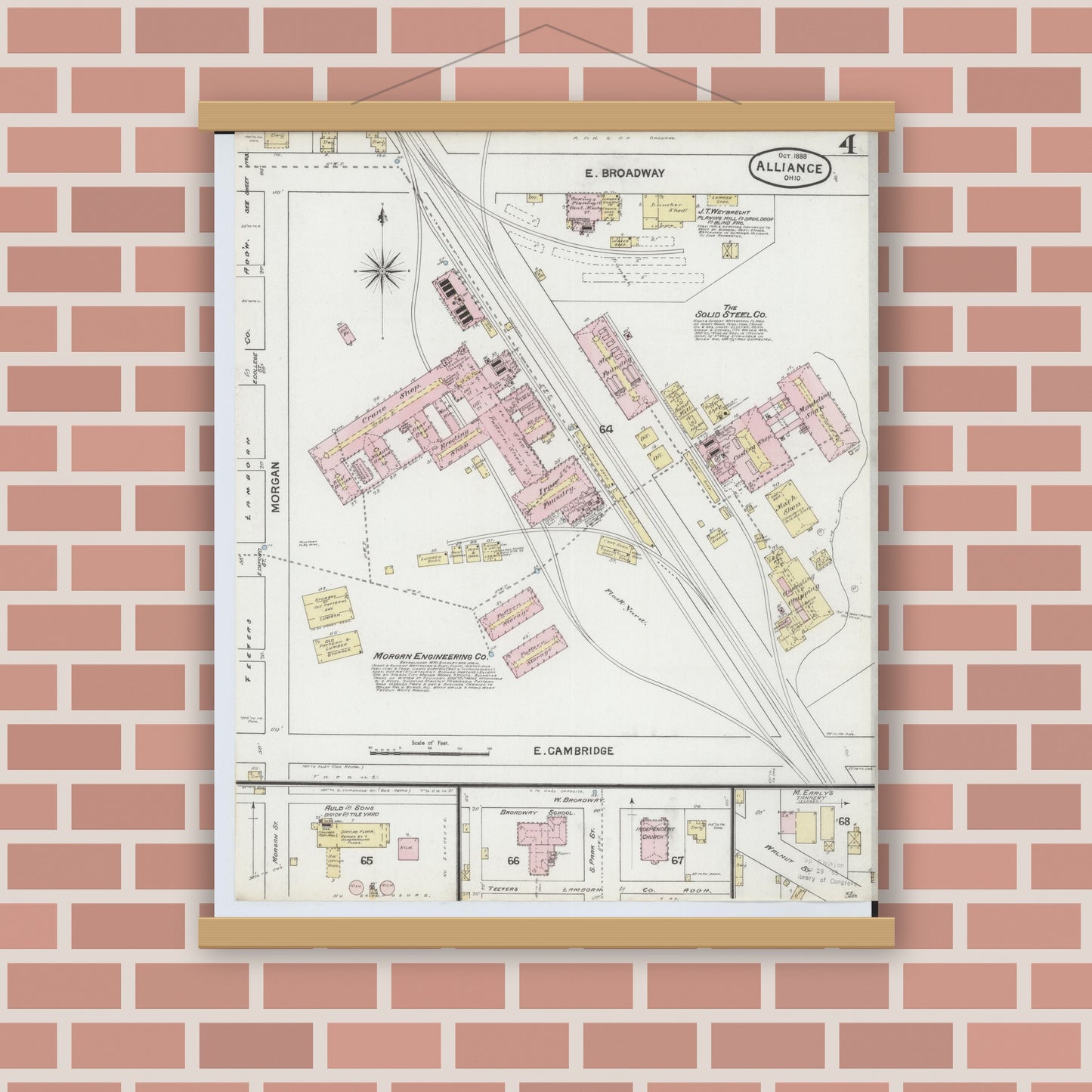 Old map wall art mockup — magnetic wood frame on brick wall — Sanborn Fire Insurance Map from Alliance, Stark County, Ohio (1888), Sheet #0004