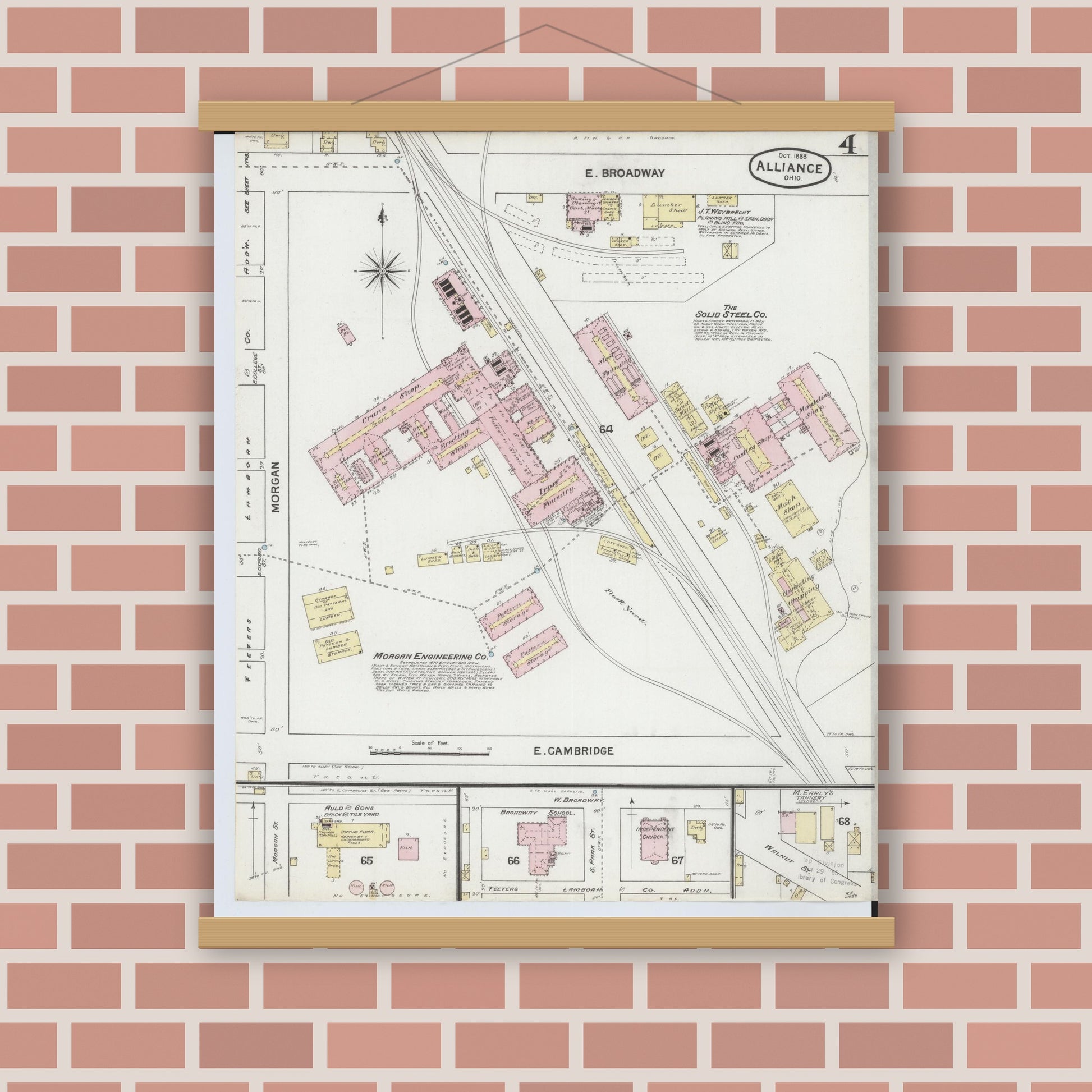 Old map wall art mockup — magnetic wood frame on brick wall — Sanborn Fire Insurance Map from Alliance, Stark County, Ohio (1888), Sheet #0004