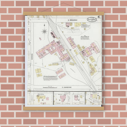 Old map wall art mockup — magnetic wood frame on brick wall — Sanborn Fire Insurance Map from Alliance, Stark County, Ohio (1888), Sheet #0004