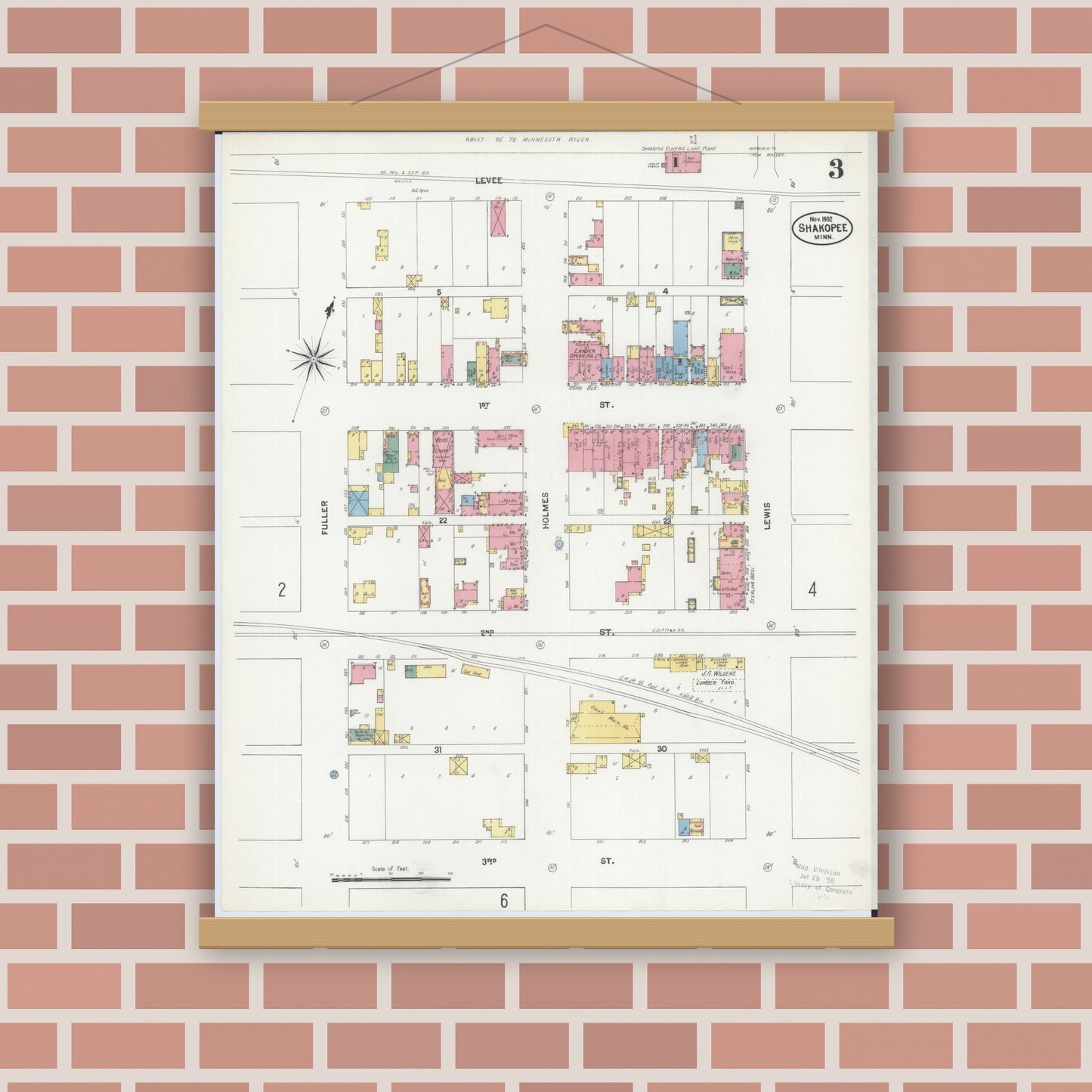 Old map wall art mockup — magnetic wood frame on brick wall — Sanborn Fire Insurance Map from Shakopee, Scott County, Minnesota (1902), Sheet #0003