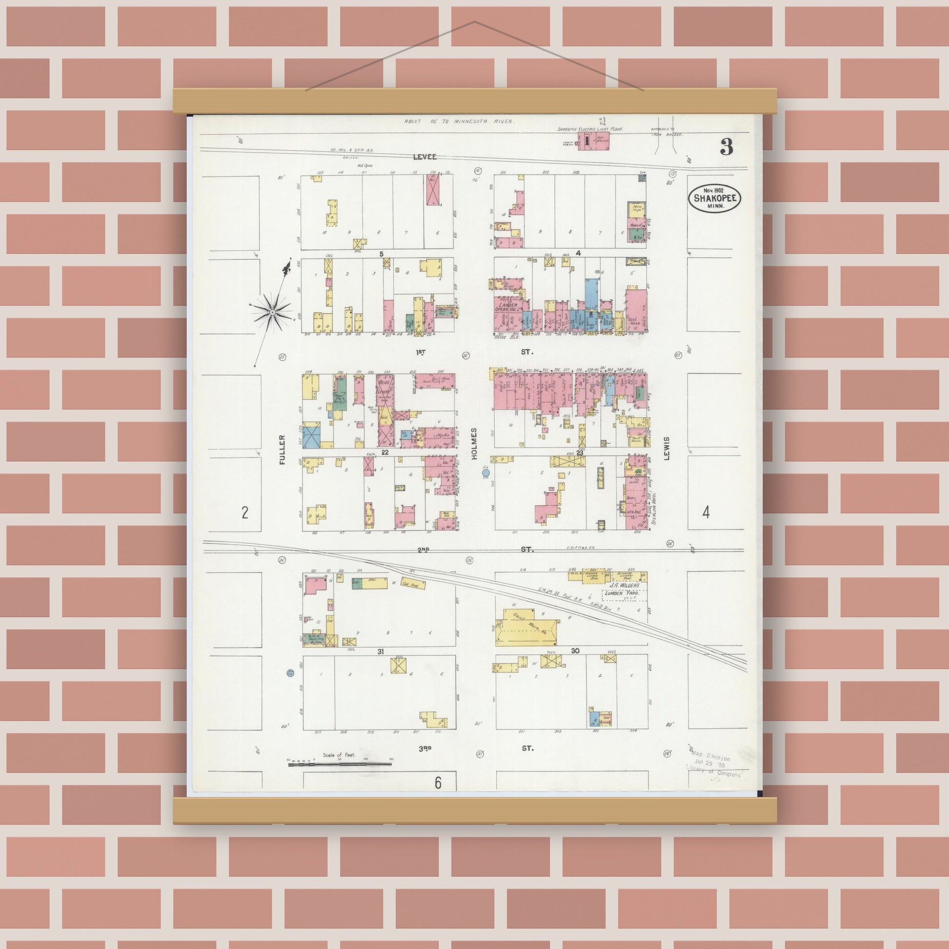 Old map wall art mockup — magnetic wood frame on brick wall — Sanborn Fire Insurance Map from Shakopee, Scott County, Minnesota (1902), Sheet #0003