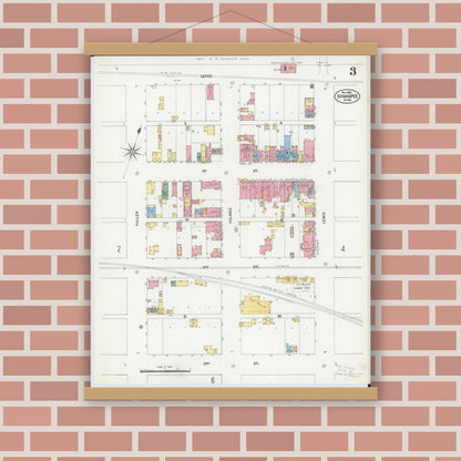 Old map wall art mockup — magnetic wood frame on brick wall — Sanborn Fire Insurance Map from Shakopee, Scott County, Minnesota (1902), Sheet #0003