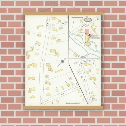 Old map wall art mockup — magnetic wood frame on brick wall — Sanborn Fire Insurance Map from Bridgewater, Plymouth County, Massachusetts (1912), Sheet #0005