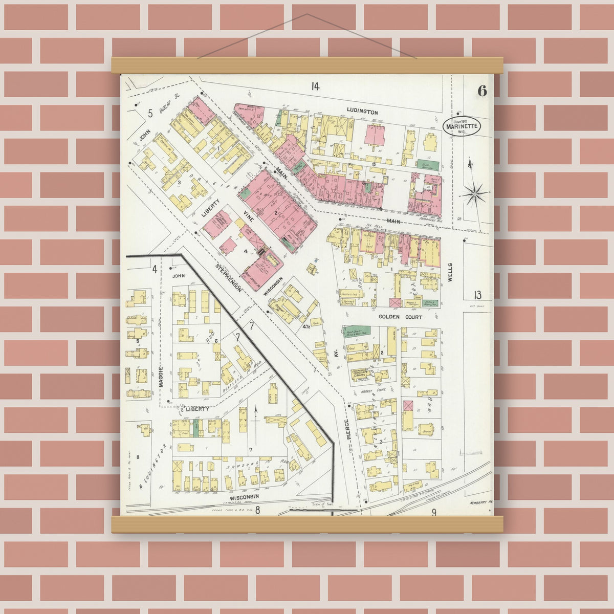 Old map wall art mockup — magnetic wood frame on brick wall — Sanborn Fire Insurance Map from Marinette, Marinette County, Wisconsin (1901), Sheet #0006