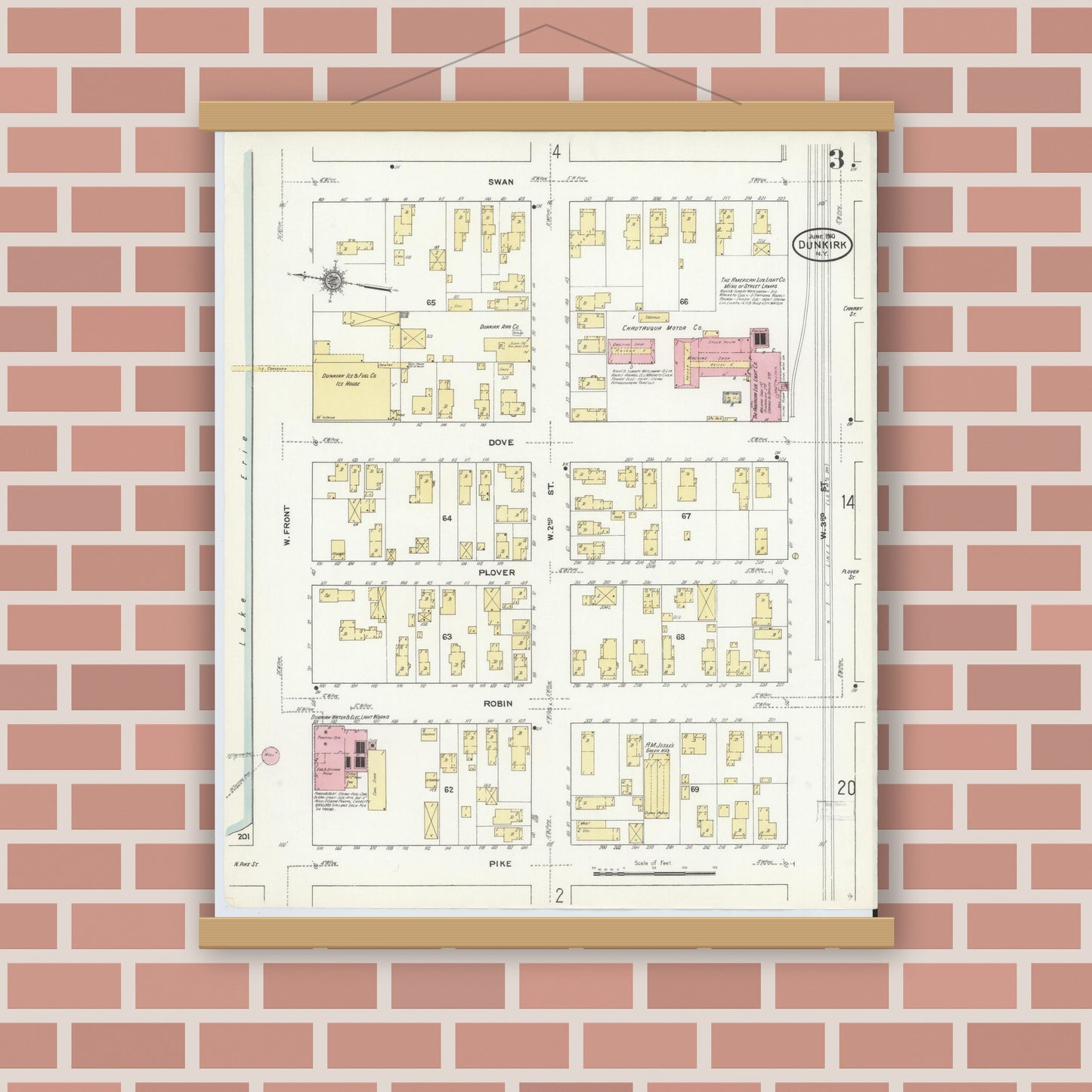 Old map wall art mockup — magnetic wood frame on brick wall — Sanborn Fire Insurance Map from Dunkirk, Chautauqua County, New York (1910), Sheet #0003