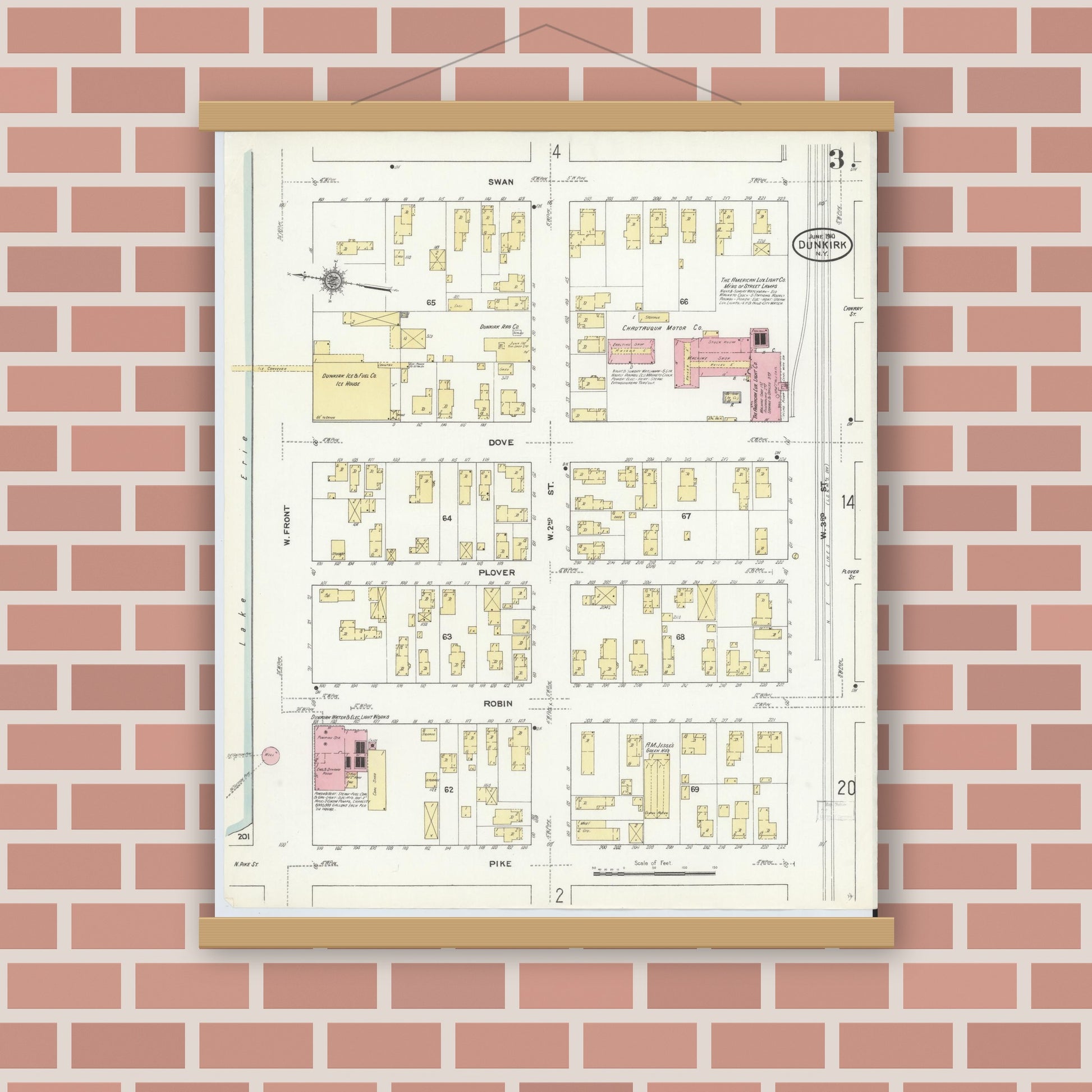 Old map wall art mockup — magnetic wood frame on brick wall — Sanborn Fire Insurance Map from Dunkirk, Chautauqua County, New York (1910), Sheet #0003