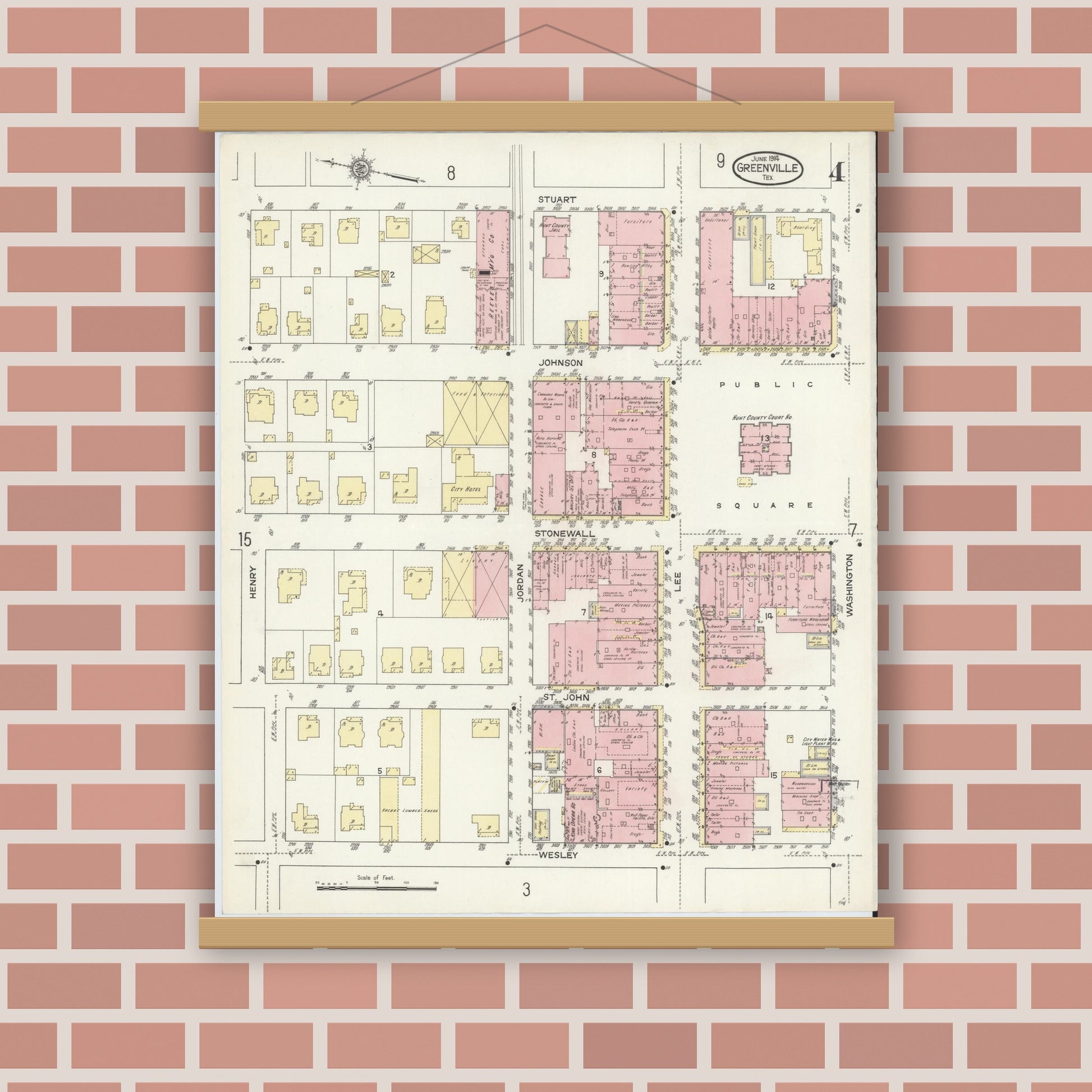 Old map wall art mockup — magnetic wood frame on brick wall — Sanborn Fire Insurance Map from Greenville, Hunt County, Texas (1914), Sheet #0004