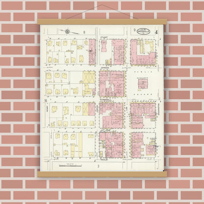 Old map wall art mockup — magnetic wood frame on brick wall — Sanborn Fire Insurance Map from Greenville, Hunt County, Texas (1914), Sheet #0004
