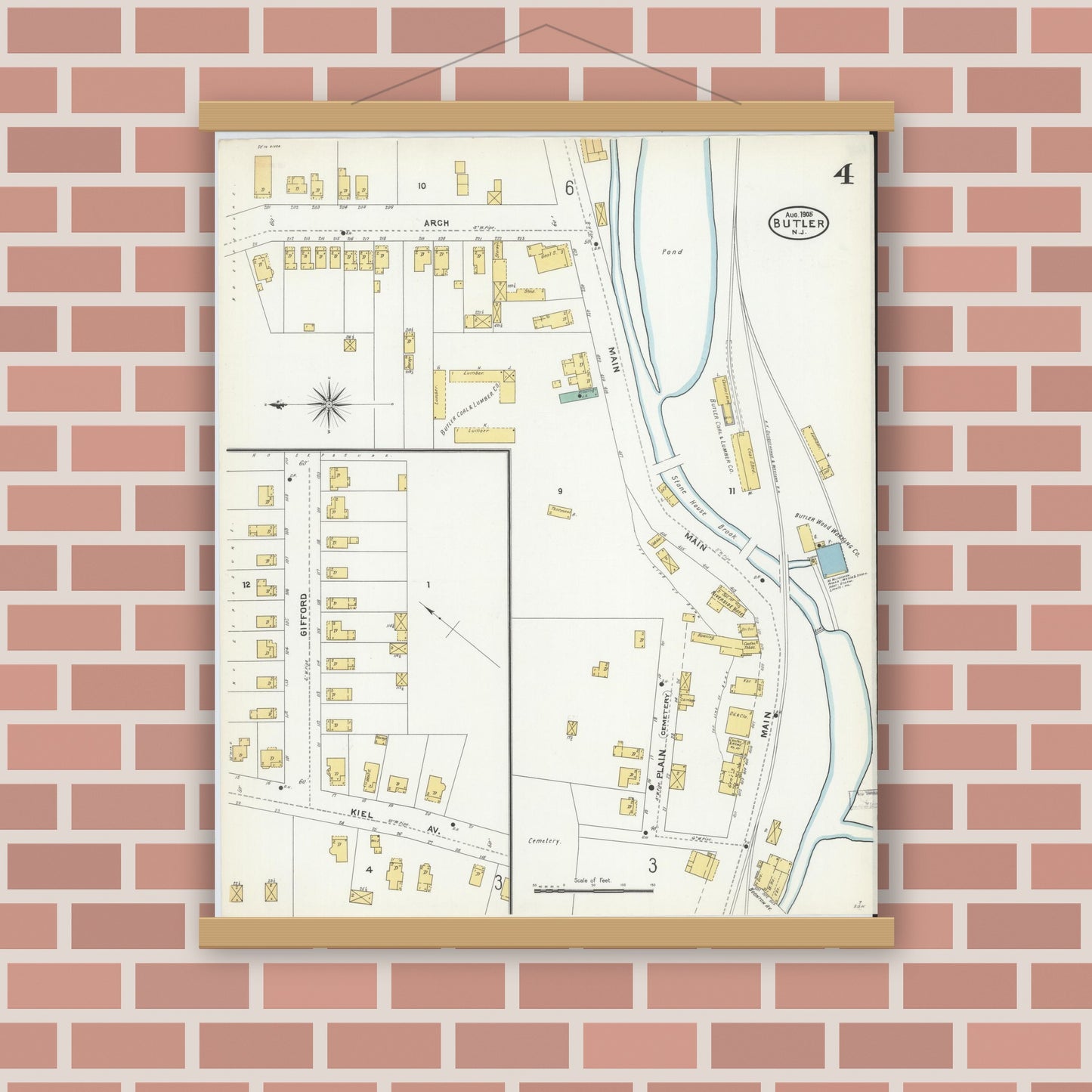 Old map wall art mockup — magnetic wood frame on brick wall — Sanborn Fire Insurance Map from Butler, Morris County, New Jersey (1905), Sheet #0004