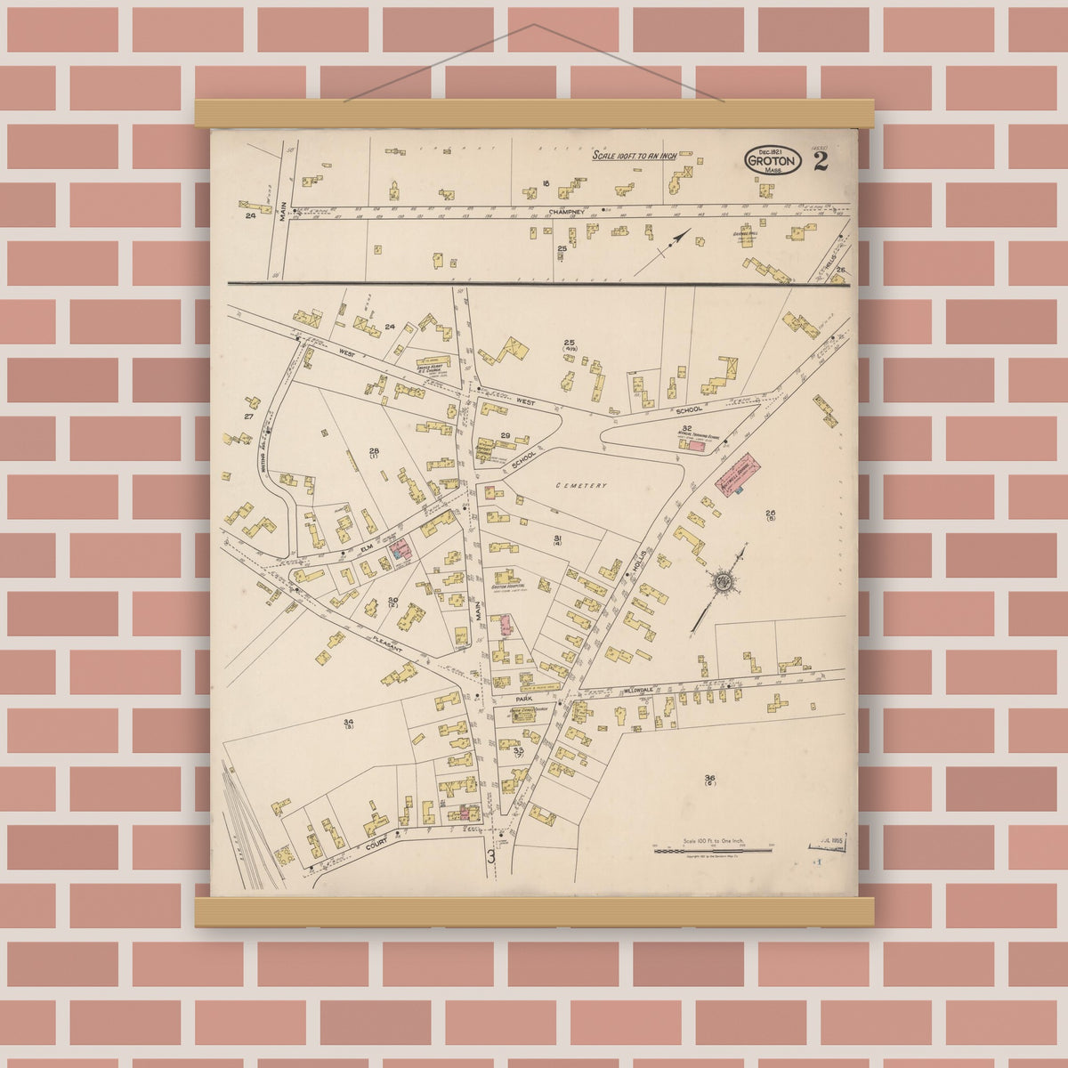 Old map wall art mockup — magnetic wood frame on brick wall — Sanborn Fire Insurance Map from Groton, Middlesex County, Massachusetts (1921), Sheet #0002