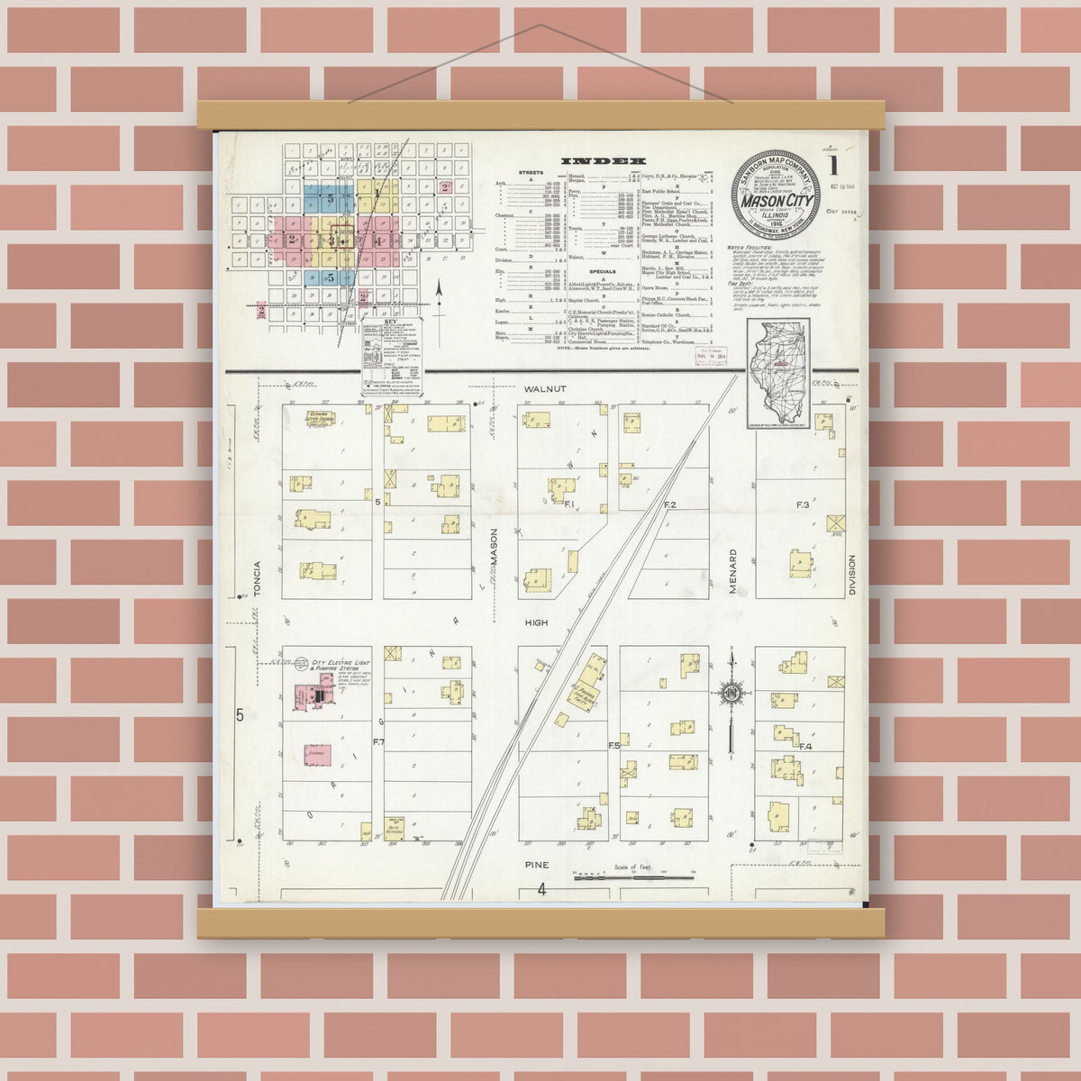 Old map wall art mockup — magnetic wood frame on brick wall — Sanborn Fire Insurance Map from Mason City, Mason County, Illinois (1914) - Complete Map Set