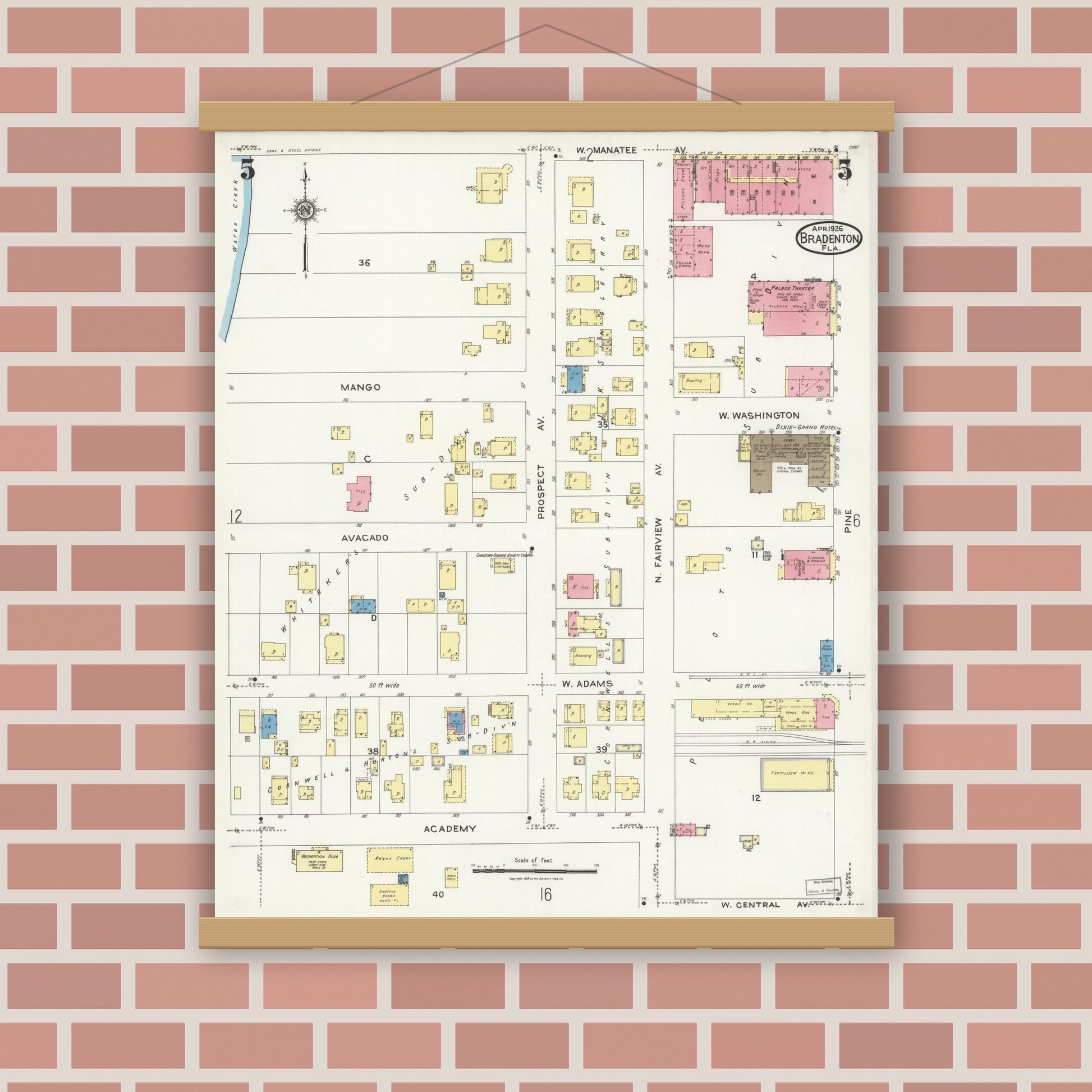 Old map wall art mockup — magnetic wood frame on brick wall — Sanborn Fire Insurance Map from Bradentown, Manatee County, Florida (1926), Sheet #0005