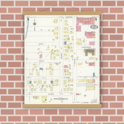 Old map wall art mockup — magnetic wood frame on brick wall — Sanborn Fire Insurance Map from Bradentown, Manatee County, Florida (1926), Sheet #0005