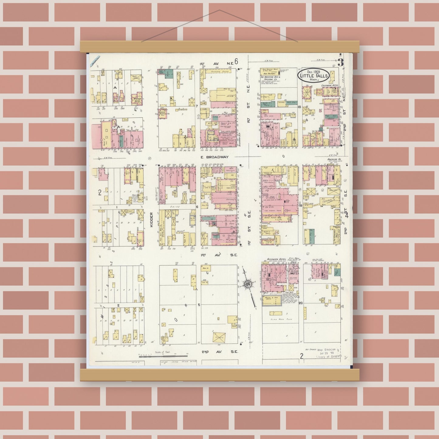 Old map wall art mockup — magnetic wood frame on brick wall — Sanborn Fire Insurance Map from Little Falls, Morrison County, Minnesota (1909), Sheet #0003