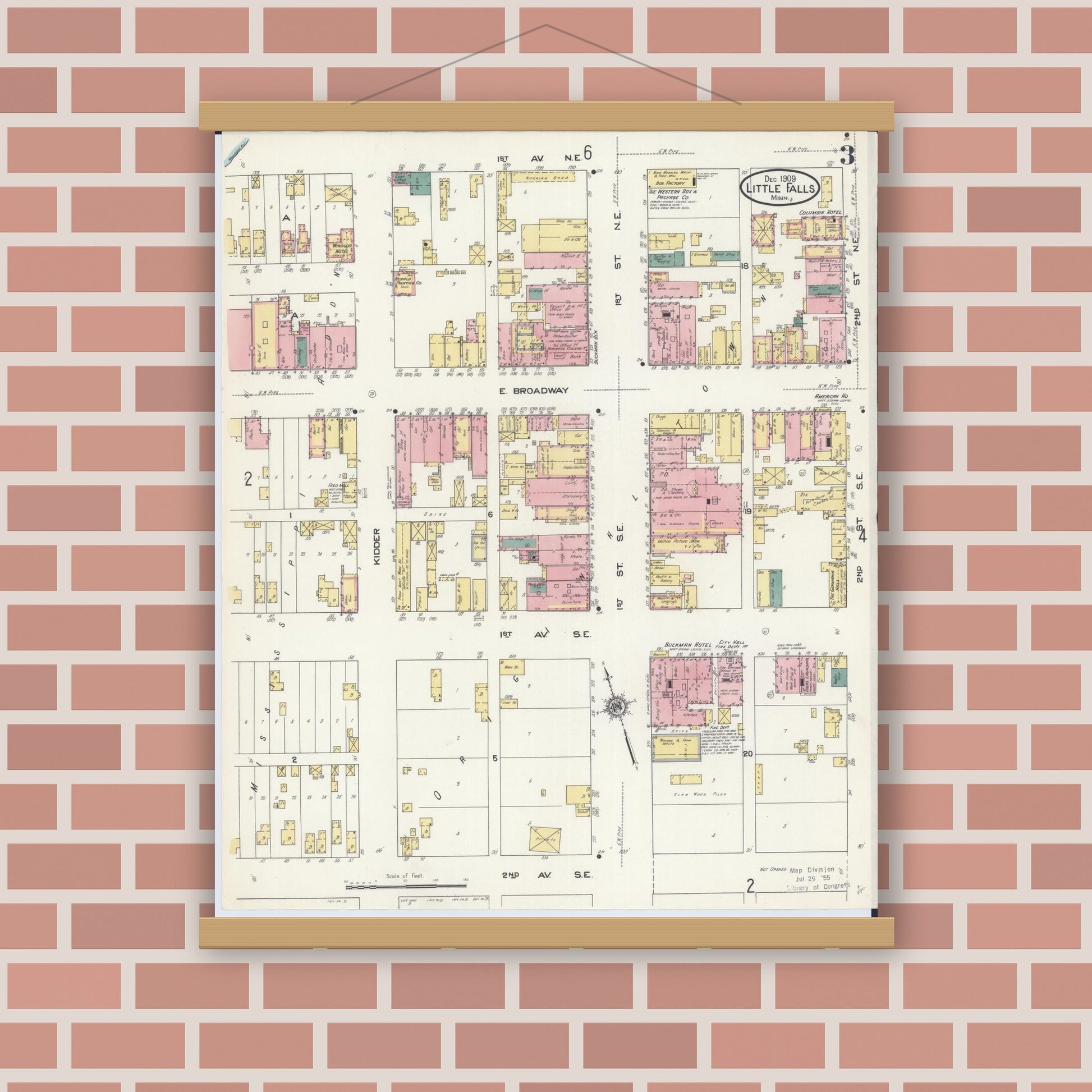 Old map wall art mockup — magnetic wood frame on brick wall — Sanborn Fire Insurance Map from Little Falls, Morrison County, Minnesota (1909), Sheet #0003