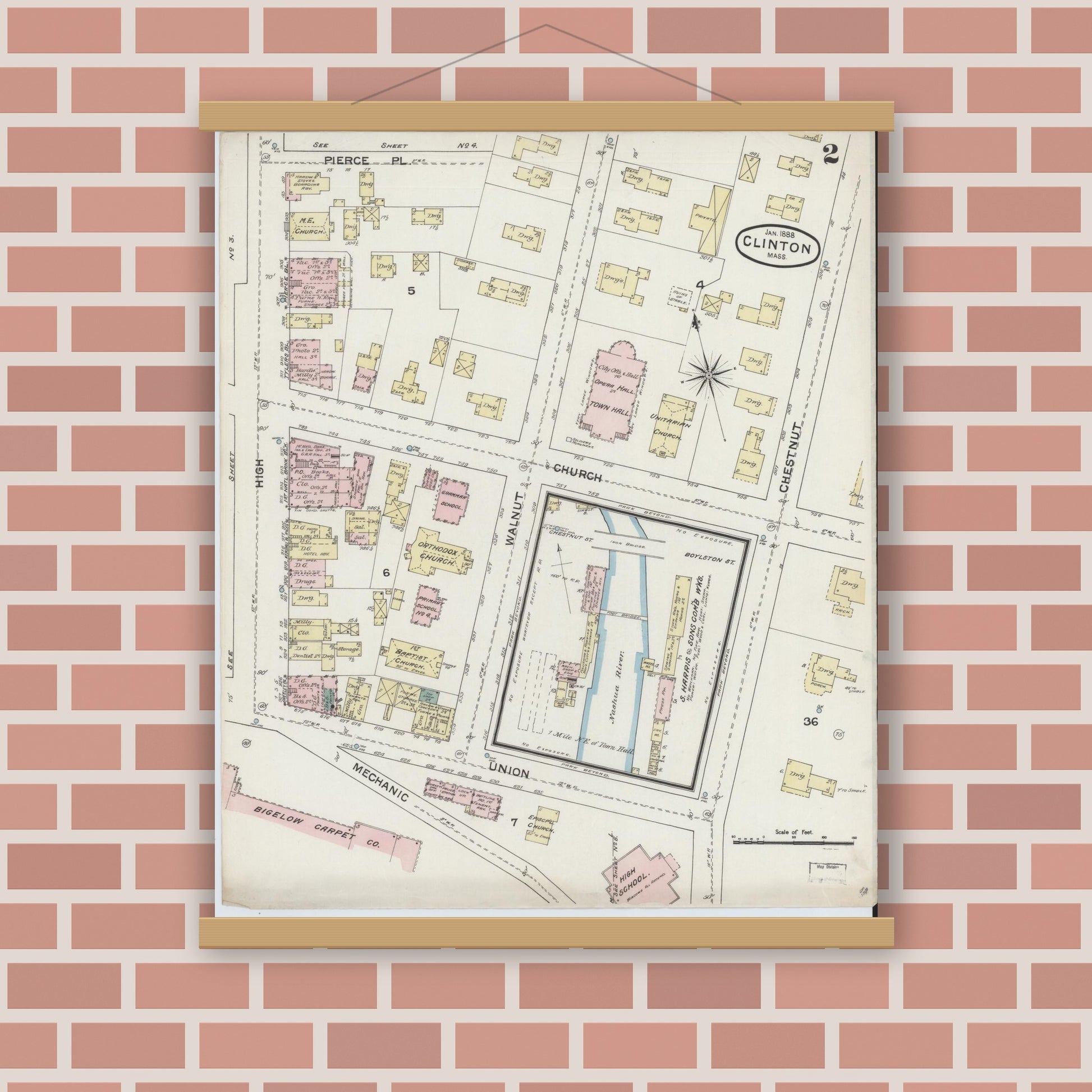 Old map wall art mockup — magnetic wood frame on brick wall — Sanborn Fire Insurance Map from Clinton, Worcester County, Massachusetts (1888), Sheet #0002