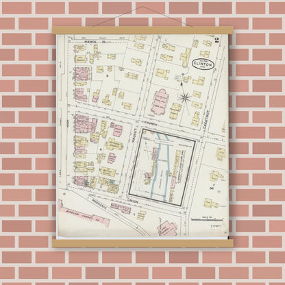 Old map wall art mockup — magnetic wood frame on brick wall — Sanborn Fire Insurance Map from Clinton, Worcester County, Massachusetts (1888), Sheet #0002