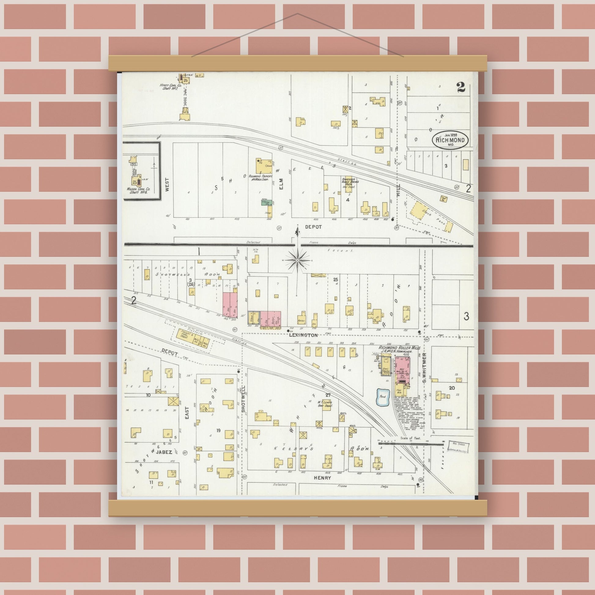 Old map wall art mockup — magnetic wood frame on brick wall — Sanborn Fire Insurance Map from Richmond, Ray County, Missouri (1899), Sheet #0002