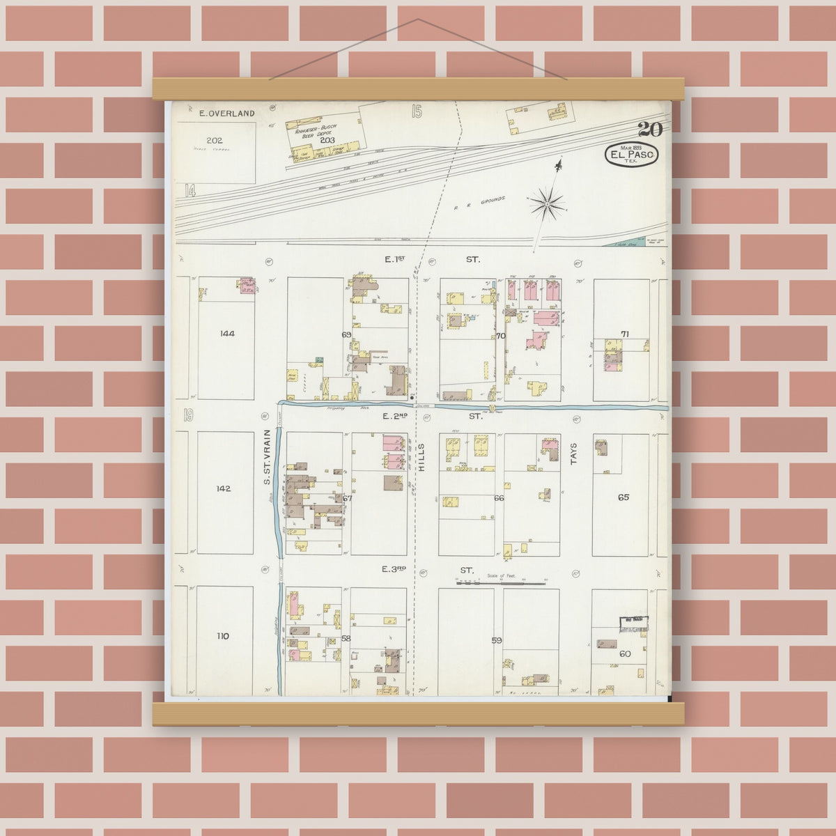 Old map wall art mockup — magnetic wood frame on brick wall — Sanborn Fire Insurance Map from El Paso, El Paso County, Texas (1893), Sheet #0020