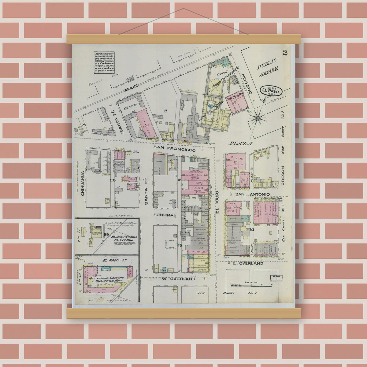 Old map wall art mockup — magnetic wood frame on brick wall — Sanborn Fire Insurance Map from El Paso, El Paso County, Texas (1883), Sheet #0002