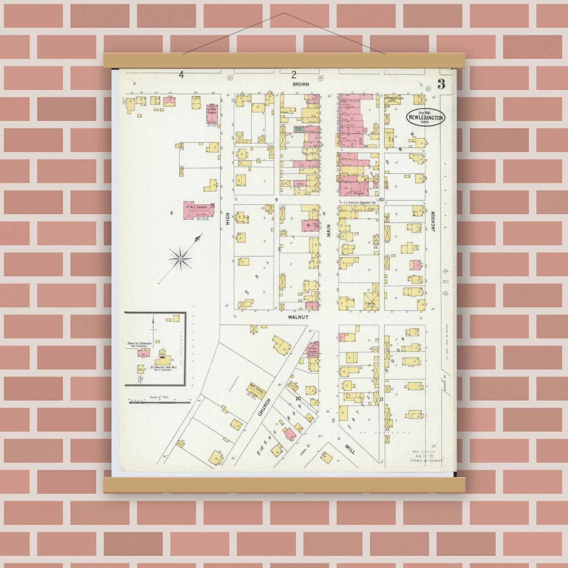 Old map wall art mockup — magnetic wood frame on brick wall — Sanborn Fire Insurance Map from New Lexington, Perry County, Ohio (1900), Sheet #0003