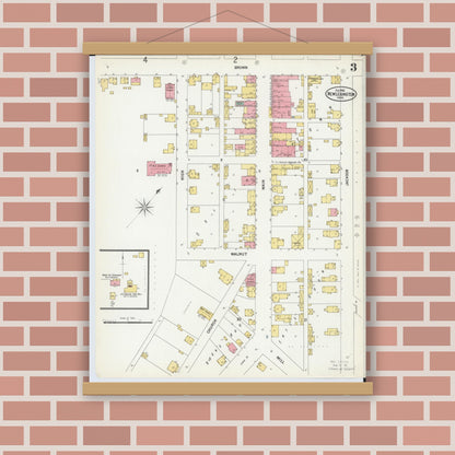 Old map wall art mockup — magnetic wood frame on brick wall — Sanborn Fire Insurance Map from New Lexington, Perry County, Ohio (1900), Sheet #0003