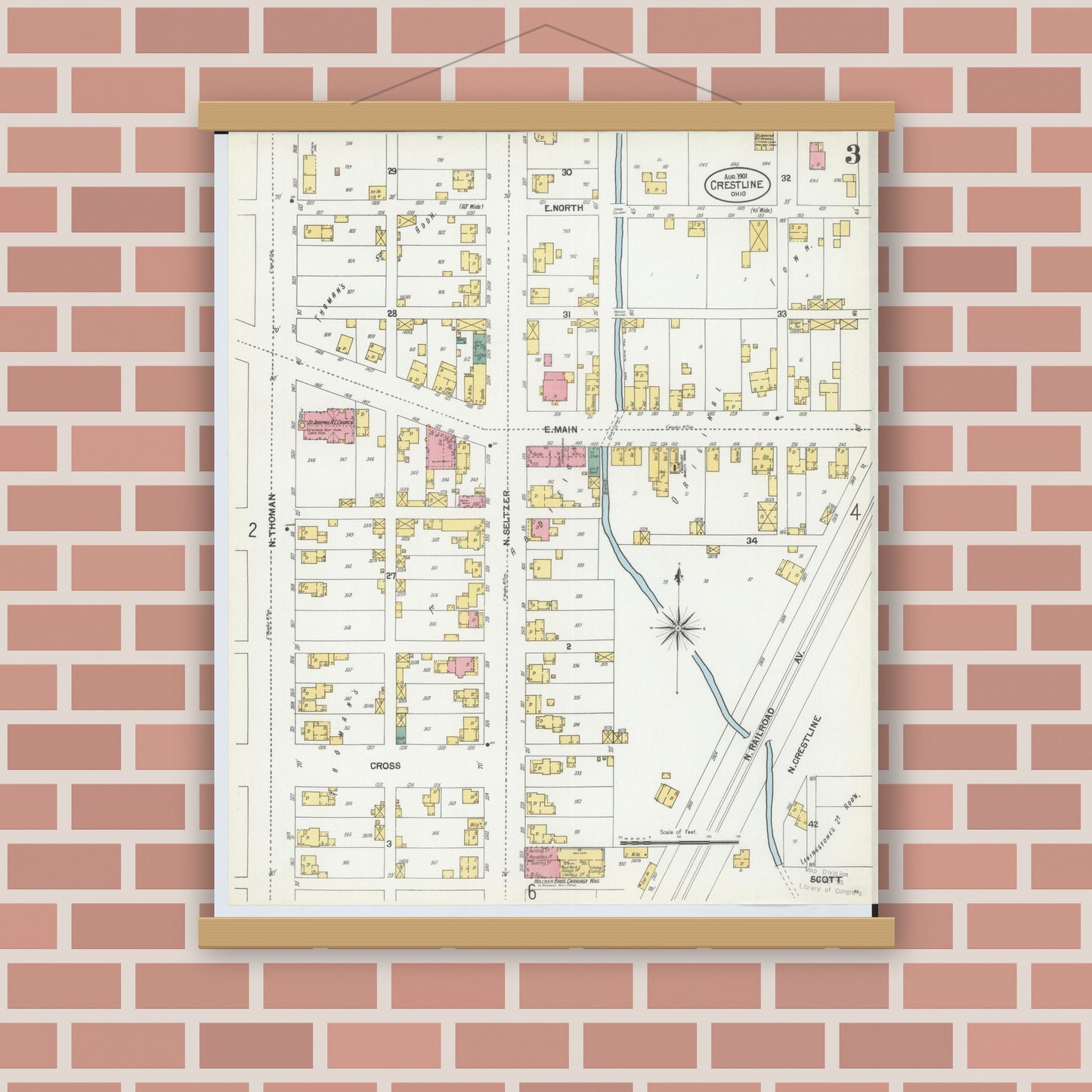 Old map wall art mockup — magnetic wood frame on brick wall — Sanborn Fire Insurance Map from Crestline, Crawford County, Ohio (1901), Sheet #0003