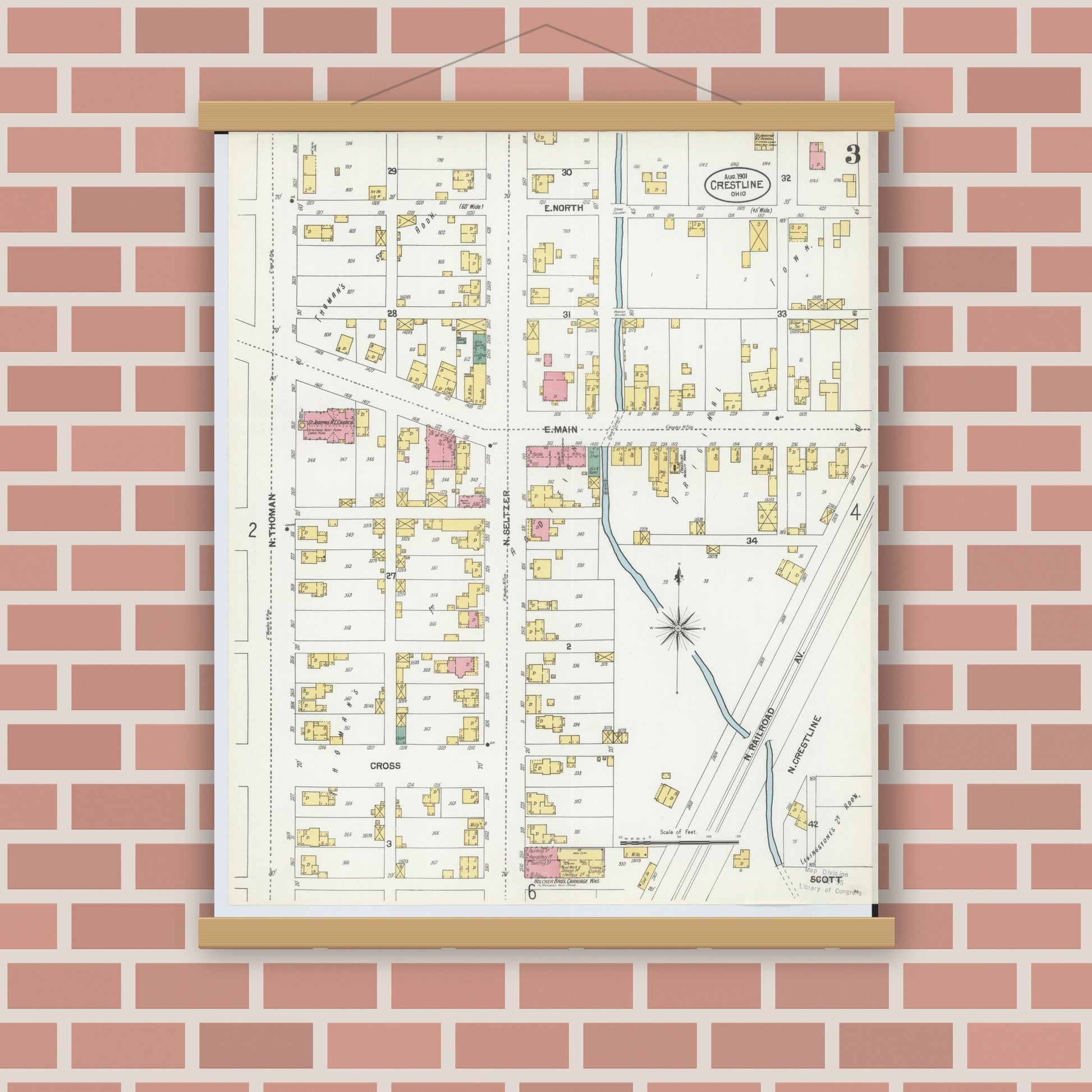 Old map wall art mockup — magnetic wood frame on brick wall — Sanborn Fire Insurance Map from Crestline, Crawford County, Ohio (1901), Sheet #0003