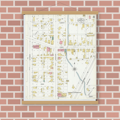 Old map wall art mockup — magnetic wood frame on brick wall — Sanborn Fire Insurance Map from Crestline, Crawford County, Ohio (1901), Sheet #0003
