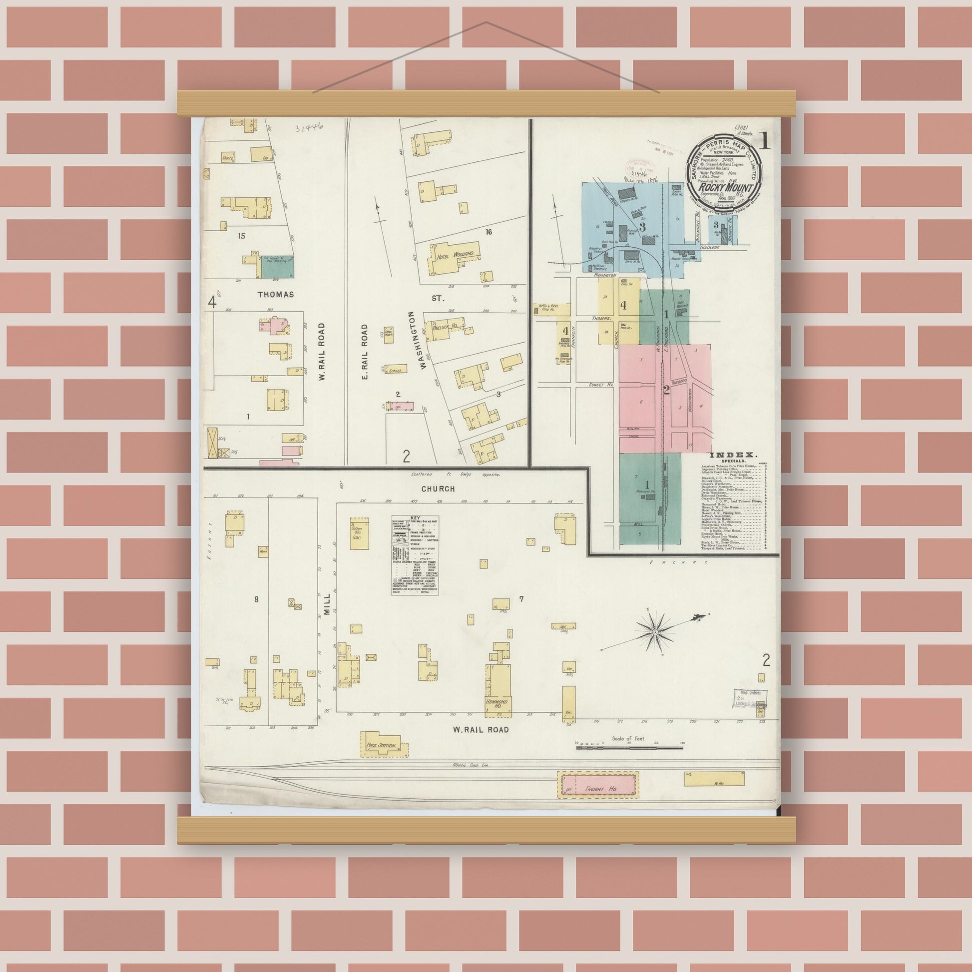 Old map wall art mockup — magnetic wood frame on brick wall — Sanborn Fire Insurance Map from Rocky Mount, Edgecombe And Nash Counties, North Carolina (1896) - Complete Map Set