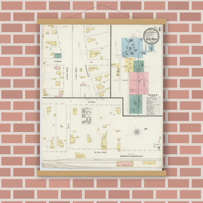 Old map wall art mockup — magnetic wood frame on brick wall — Sanborn Fire Insurance Map from Rocky Mount, Edgecombe And Nash Counties, North Carolina (1896) - Complete Map Set