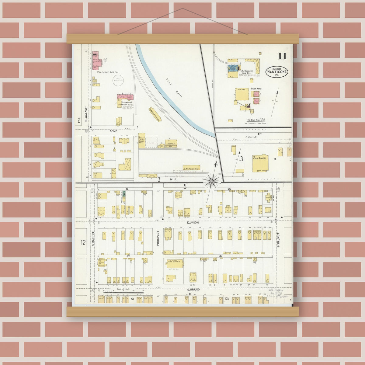 Old map wall art mockup — magnetic wood frame on brick wall — Sanborn Fire Insurance Map from Nanticoke, Luzerne County, Pennsylvania (1903), Sheet #0011