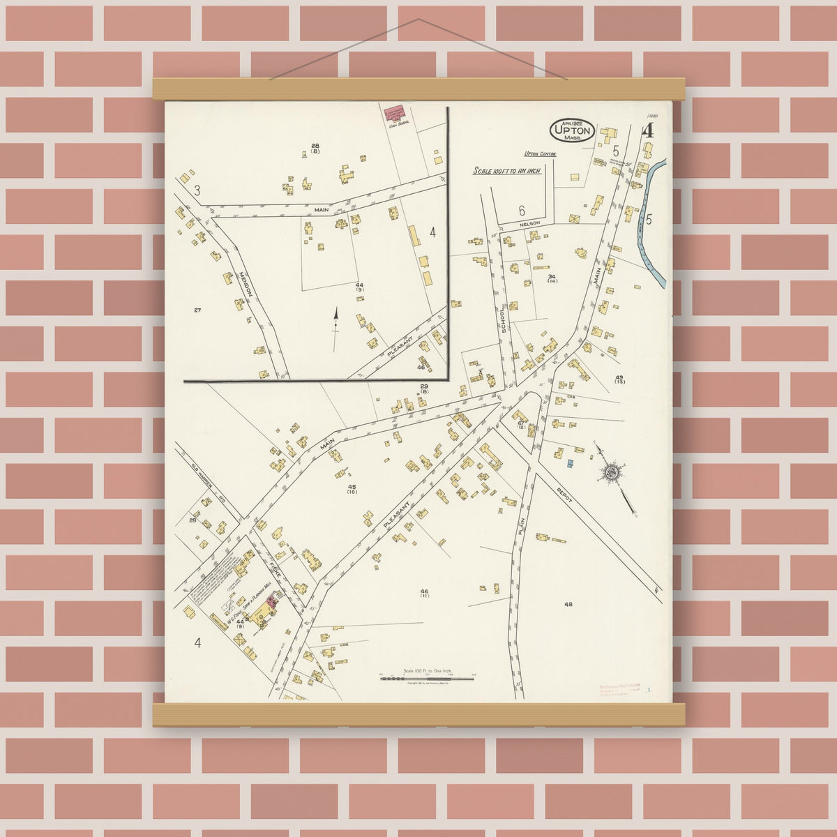 Old map wall art mockup — magnetic wood frame on brick wall — Sanborn Fire Insurance Map from Upton, Worcester County, Massachusetts (1922), Sheet #0004