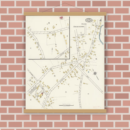 Old map wall art mockup — magnetic wood frame on brick wall — Sanborn Fire Insurance Map from Upton, Worcester County, Massachusetts (1922), Sheet #0004