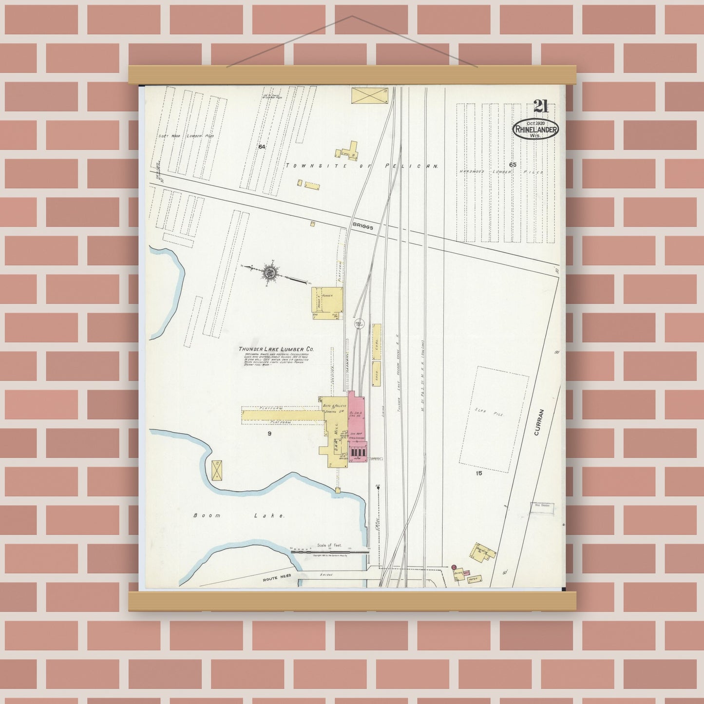 Old map wall art mockup — magnetic wood frame on brick wall — Sanborn Fire Insurance Map from Rhinelander, Oneida County, Wisconsin (1920), Sheet #0021