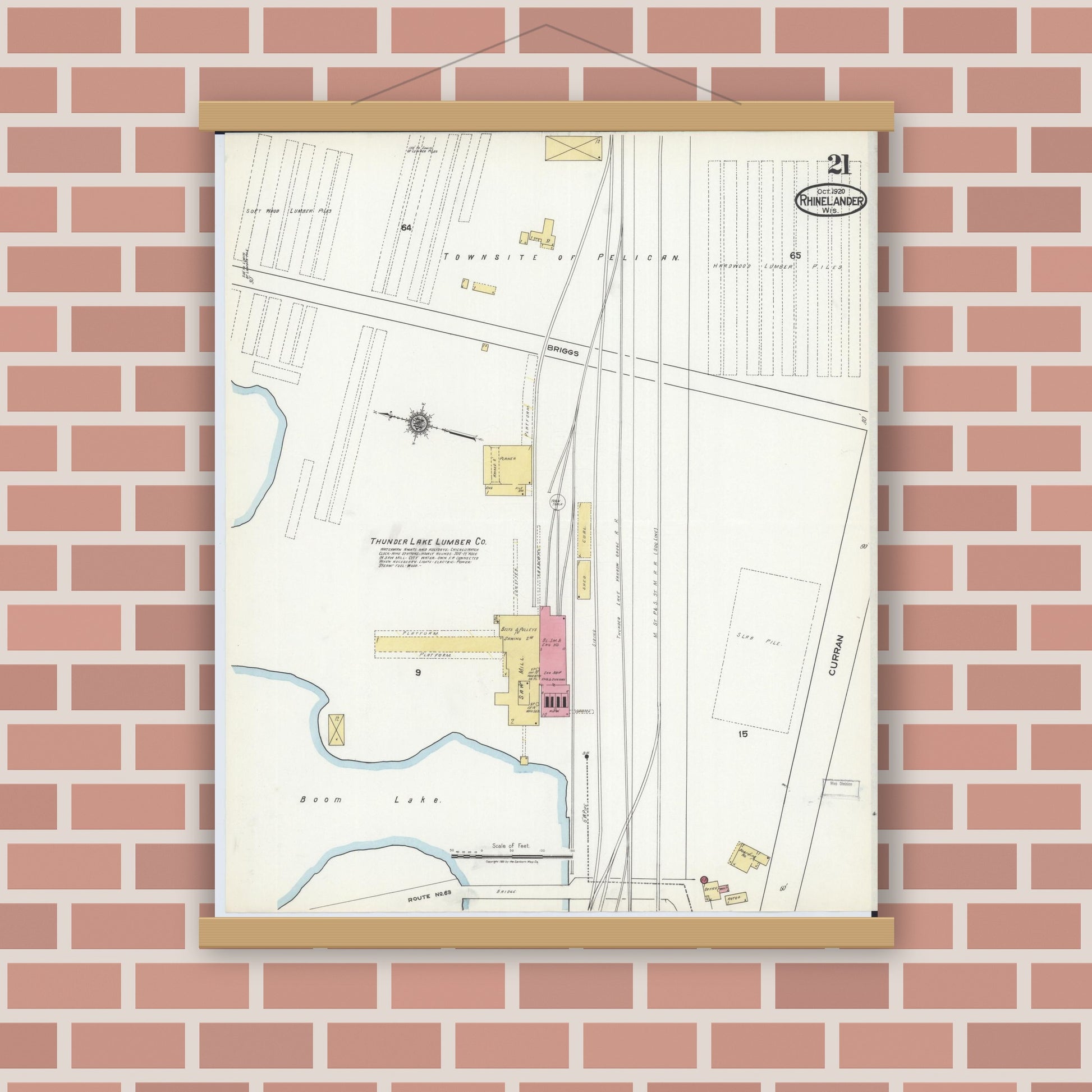 Old map wall art mockup — magnetic wood frame on brick wall — Sanborn Fire Insurance Map from Rhinelander, Oneida County, Wisconsin (1920), Sheet #0021