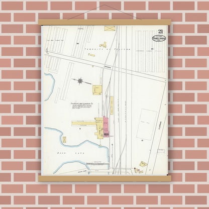 Old map wall art mockup — magnetic wood frame on brick wall — Sanborn Fire Insurance Map from Rhinelander, Oneida County, Wisconsin (1920), Sheet #0021
