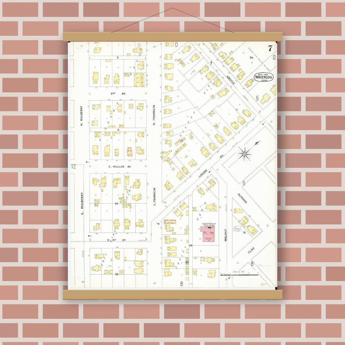 Old map wall art mockup — magnetic wood frame on brick wall — Sanborn Fire Insurance Map from Waterloo, Black Hawk County, Iowa (1900), Sheet #0007