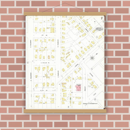 Old map wall art mockup — magnetic wood frame on brick wall — Sanborn Fire Insurance Map from Waterloo, Black Hawk County, Iowa (1900), Sheet #0007