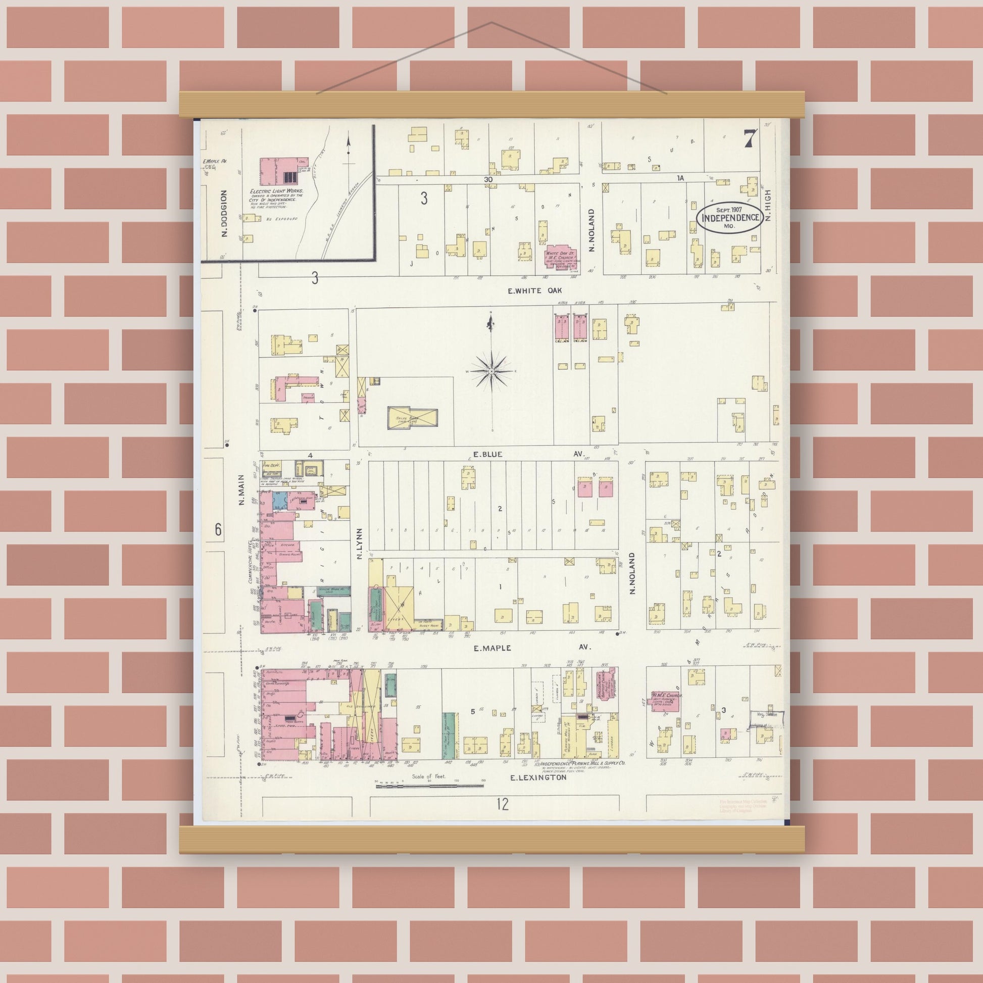 Old map wall art mockup — magnetic wood frame on brick wall — Sanborn Fire Insurance Map from Independence, Jackson County, Missouri (1907), Sheet #0007