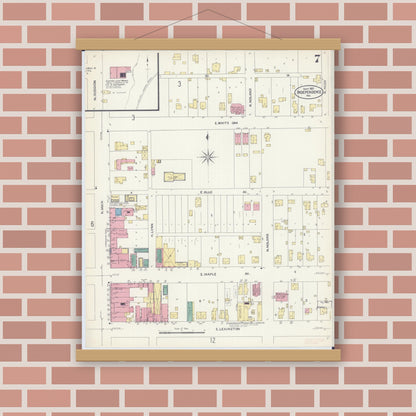 Old map wall art mockup — magnetic wood frame on brick wall — Sanborn Fire Insurance Map from Independence, Jackson County, Missouri (1907), Sheet #0007
